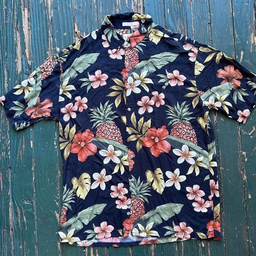 Navy and multi-coloured Hawaiian shirt with pineapple